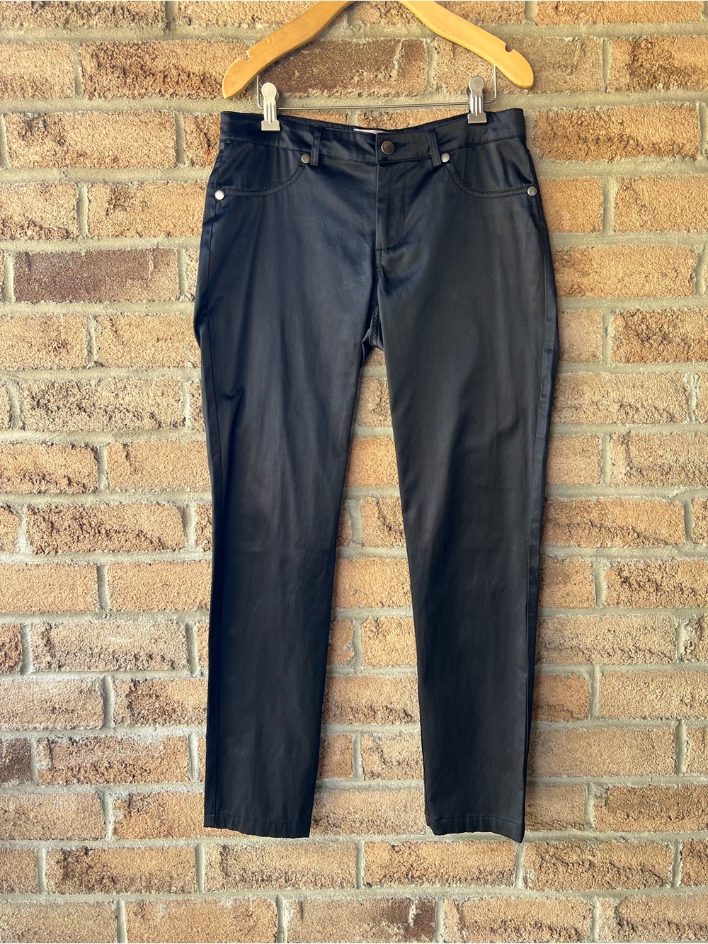 LADY DUTCH Satin Straight Leg Pants Black Beaded Pocket Detail Size 27